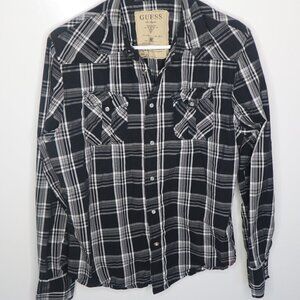 Guess Men's Black White Plaid Button Up Shirt Top